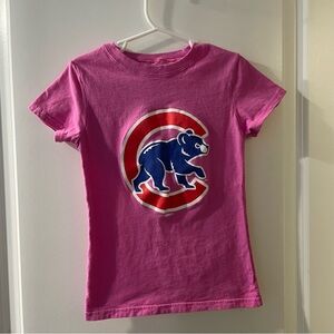 Chicago Cubs Baseball Pink Kids T-Shirt with Blue Bear Design